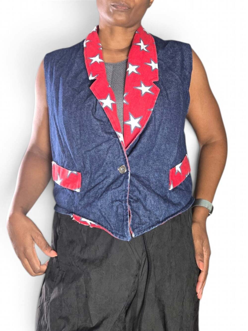 Vintage Laura Michelle Denim Vest Blue USA Star Lapel Crop Waistcoat Tank Medium